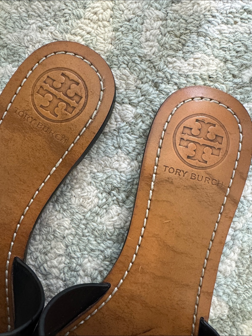 Tory Burch Black Leather Logo Slide Sandals with Tan Footbed - Picture 2 of 3